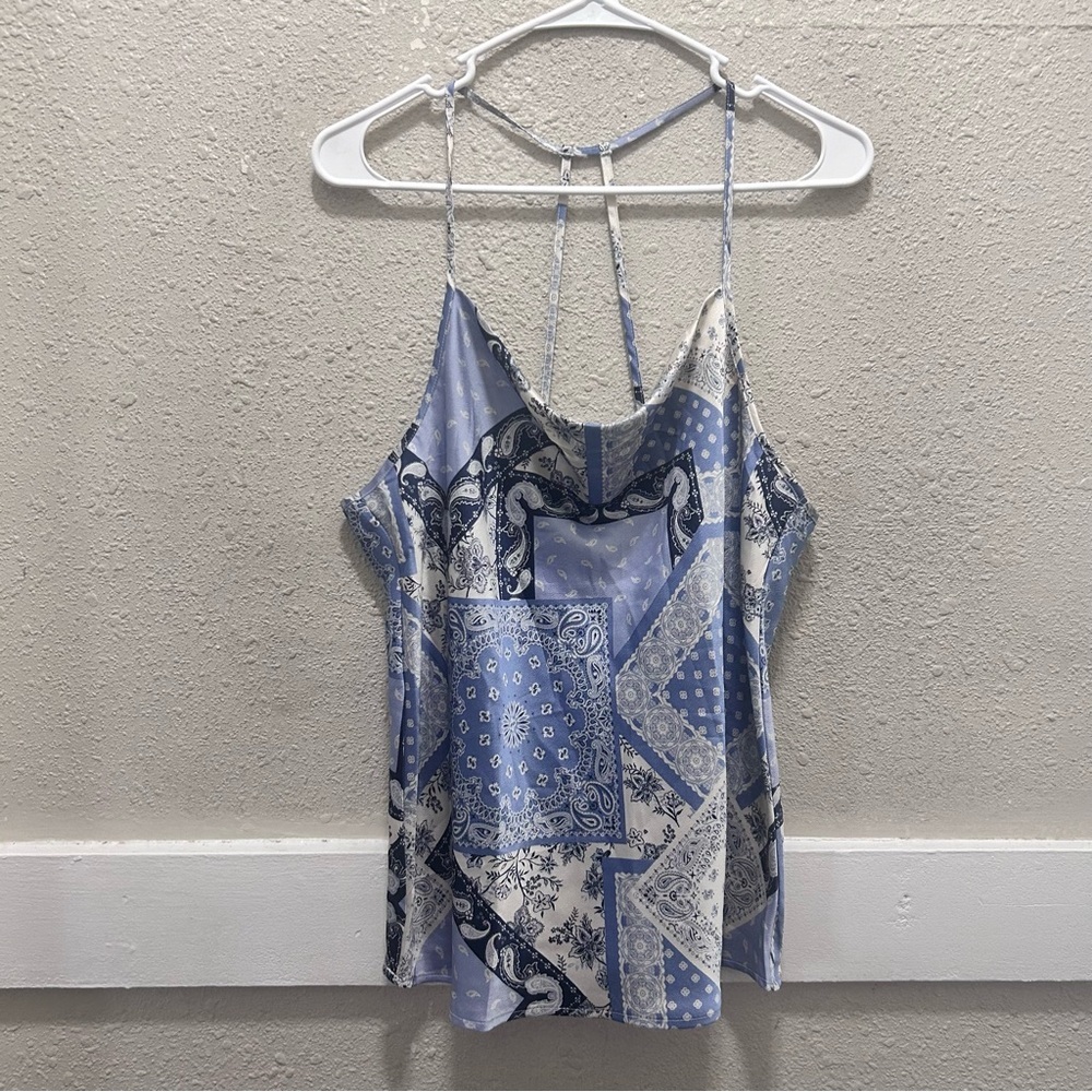 Pleione Blue & Cream Paisley Draped Neck Tank Top Size M